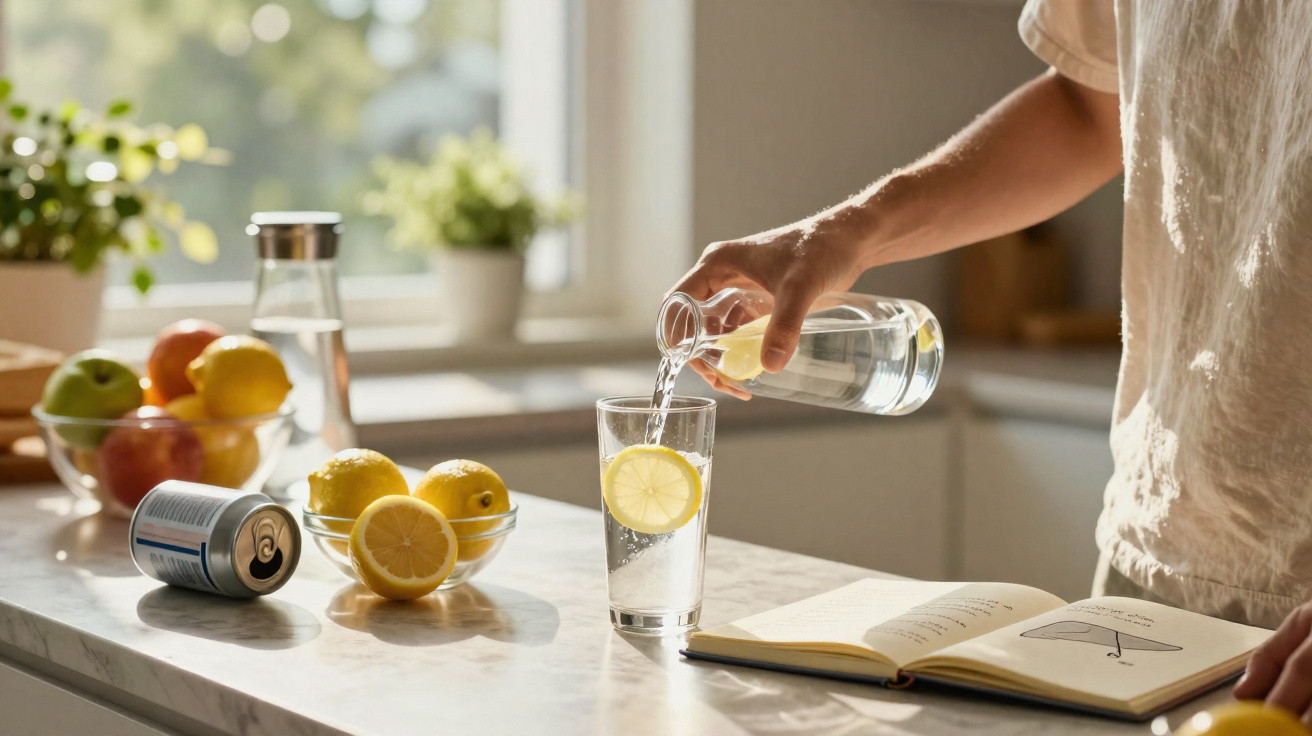 Pessoa a servir água com limão num copo, sobre balcão com frutas e caderno aberto numa cozinha.