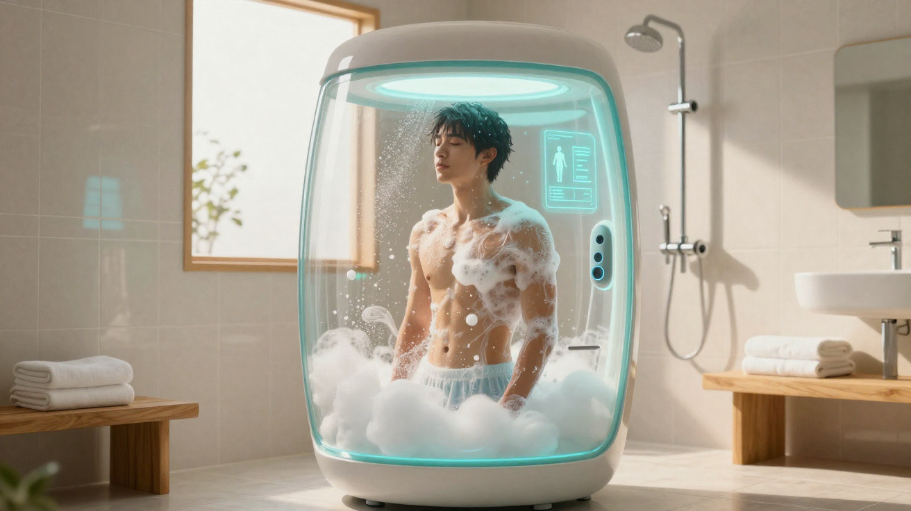 Homem num banho futurista e transparente com espuma, dentro de uma casa de banho moderna e iluminada.