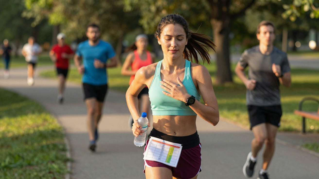 Mulher a correr com garrafa de água e outros corredores numa estrada de parque arborizado ao fundo.