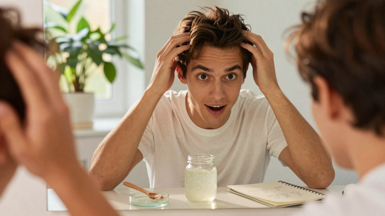 Jovem maravilhado toca no cabelo enquanto se olha ao espelho numa mesa com frasco e caderno.