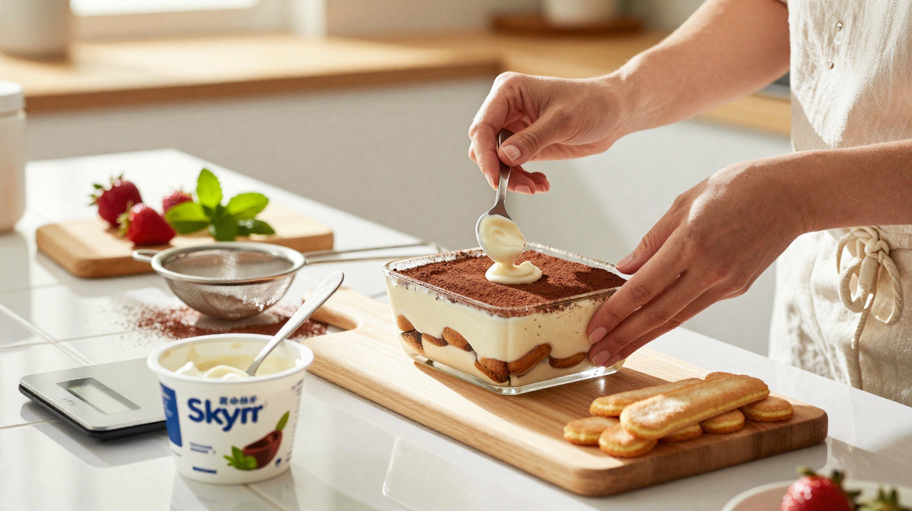 Pessoa a decorar tiramisù numa tigela de vidro com colher, cercada por ingredientes na bancada da cozinha.