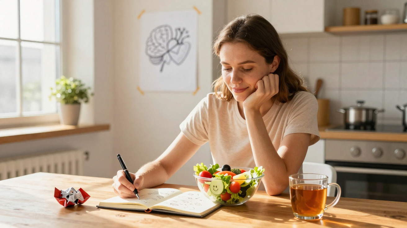 Mulher sentada numa cozinha a escrever num caderno, com uma taça de salada e uma chávena de chá à frente.