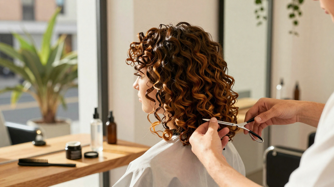 Pessoa com cabelo encaracolado castanho a receber corte de cabelo num salão de beleza iluminado.