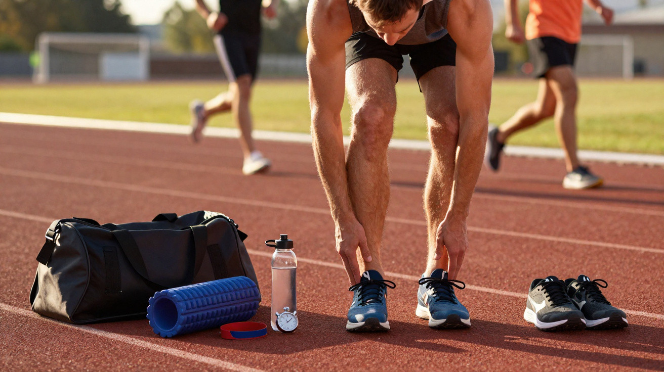 Atleta apoia-se para alongar os gémeos numa pista de atletismo com saco, rolo, garrafa, cronómetro e ténis ao lado.