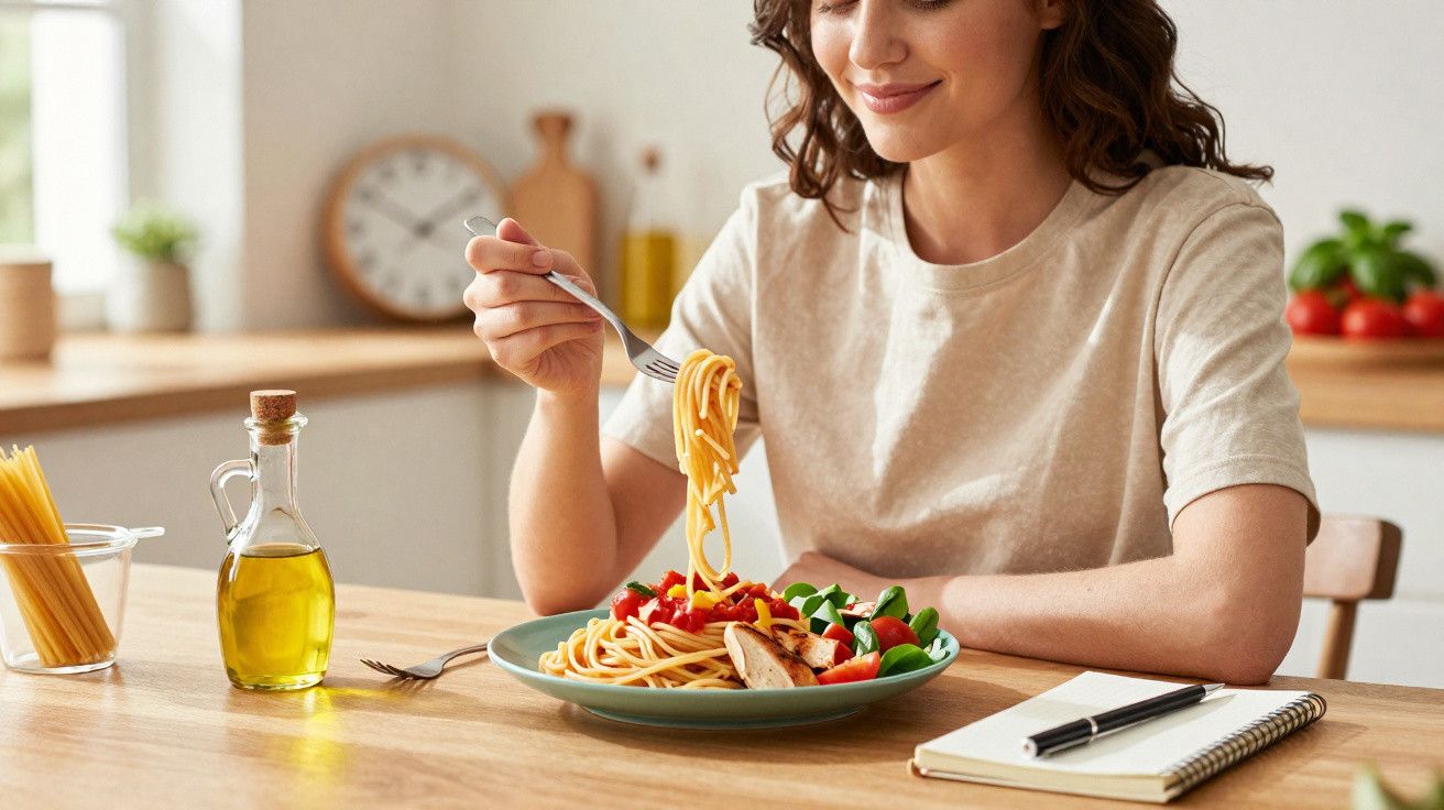Mulher sentada à mesa a comer esparguete com legumes numa cozinha luminosa e organizada.