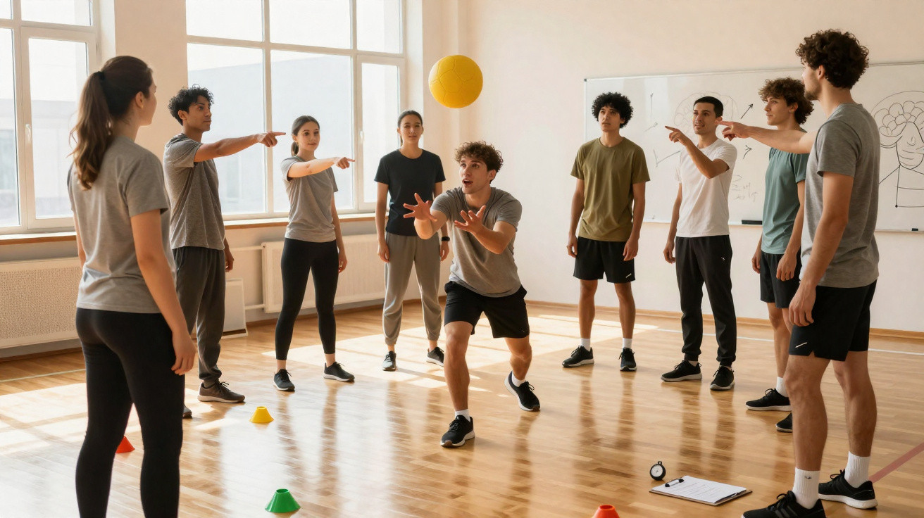 Grupo de jovens desportistas num ginásio a praticar treino com uma bola amarela.