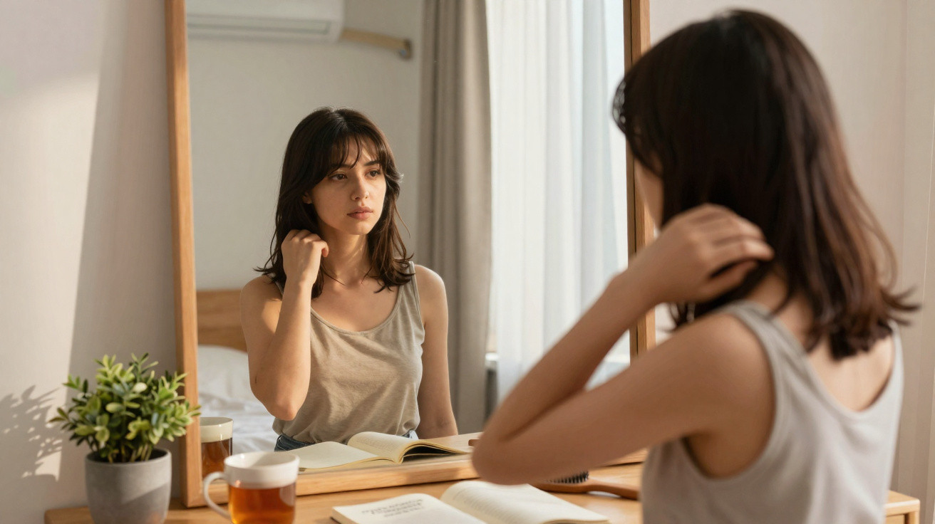 Jovem sentada à mesa a olhar para si mesma no espelho, com livros e chá à frente.
