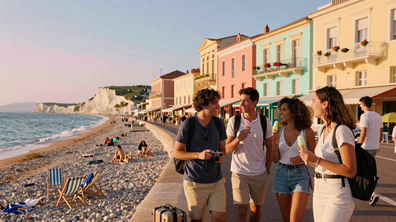 Grupo de amigos a caminhar e a comer gelados numa esplanada junto à praia com casas coloridas ao fundo.