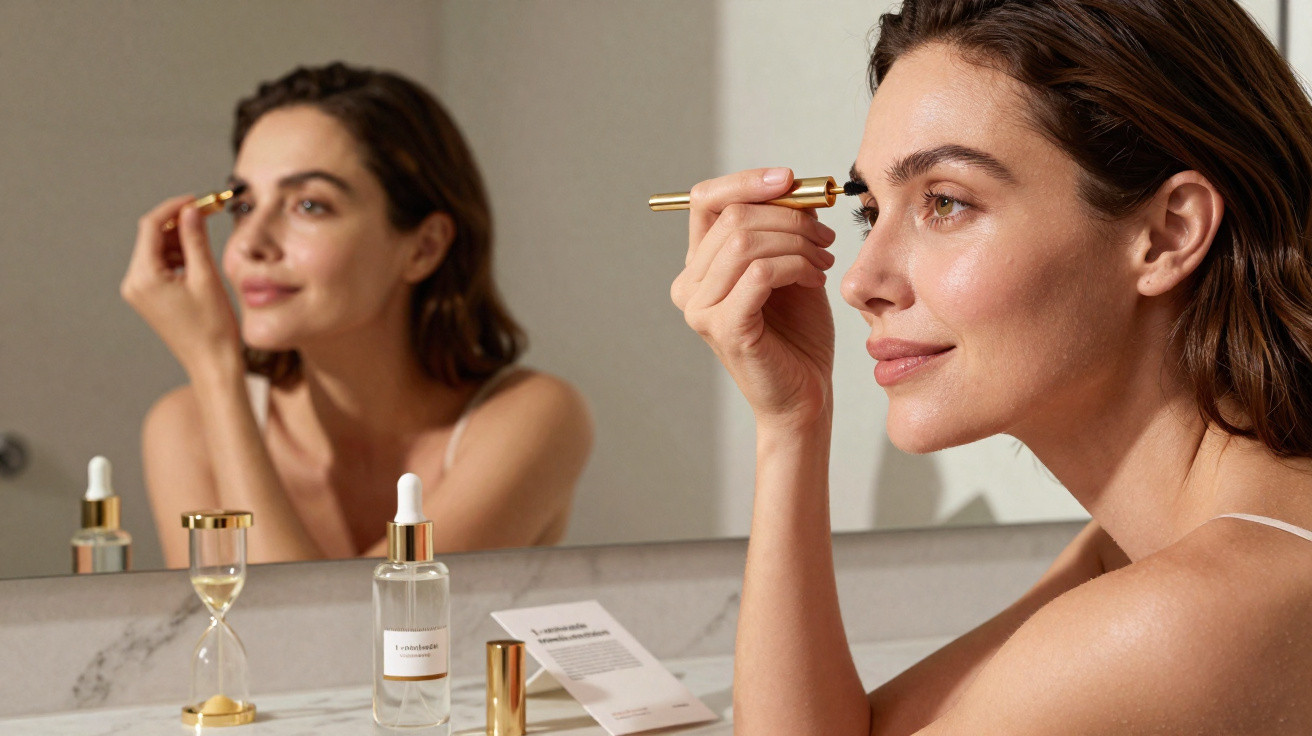 Mulher aplica serum facial com conta-gotas em frente ao espelho numa casa de banho moderna.