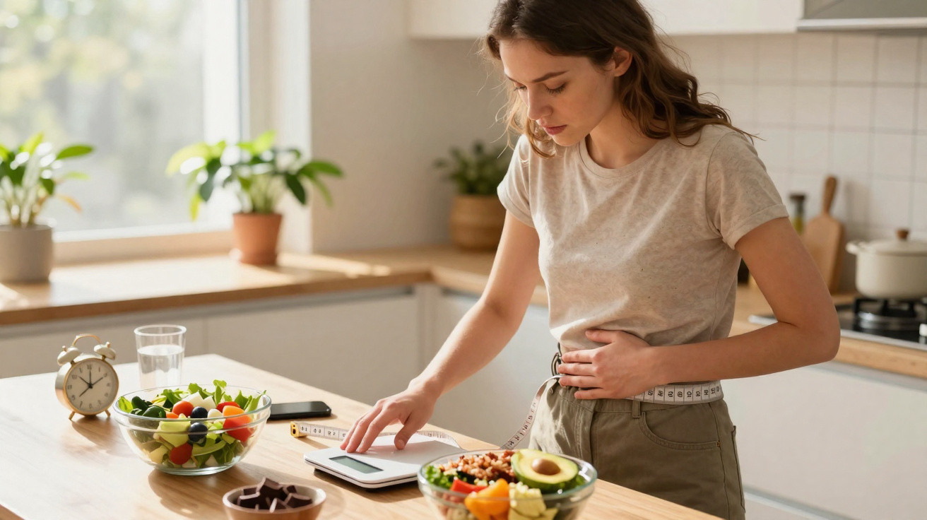 Mulher na cozinha com expressão de dor, segurando o estômago enquanto pesa alimentos saudáveis.