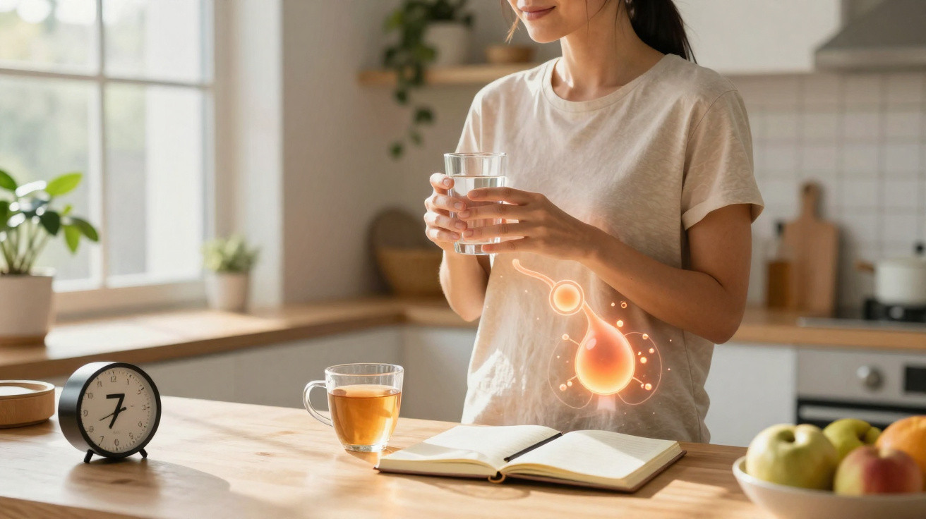 Mulher em cozinha moderna a segurar copo de água, com chá e livro numa mesa iluminada pela janela.