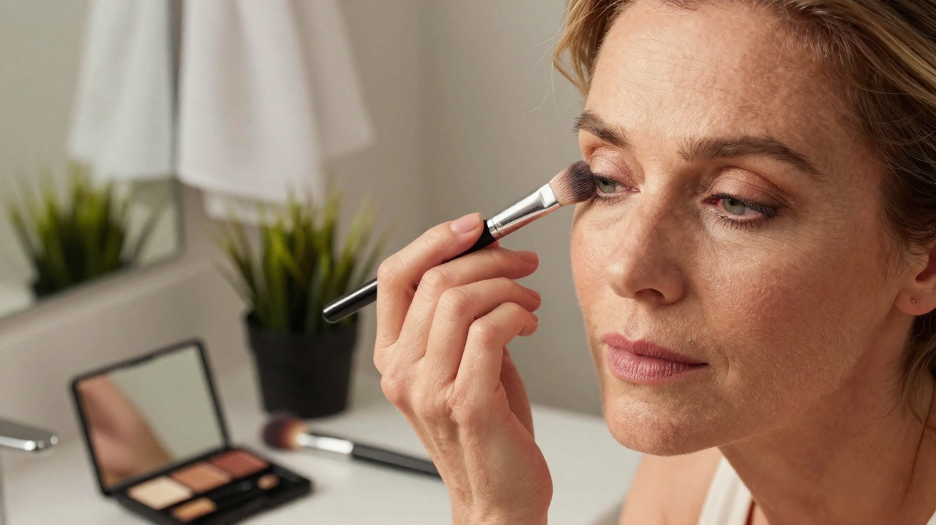 Mulher aplica sombra nos olhos com pincel, olhando para o espelho num ambiente calmo e iluminado.
