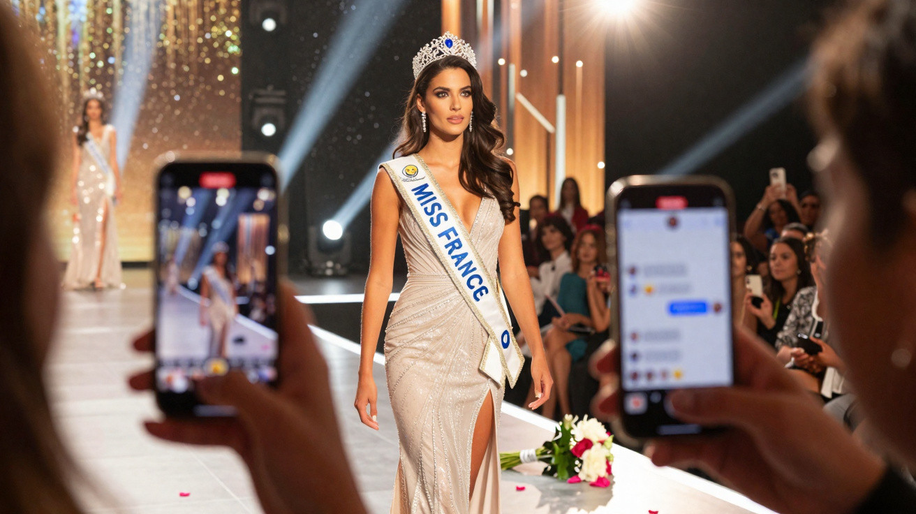 Concorrente com faixa e coroa na passerelle de concurso de beleza, fotografada pelo público com telemóveis.