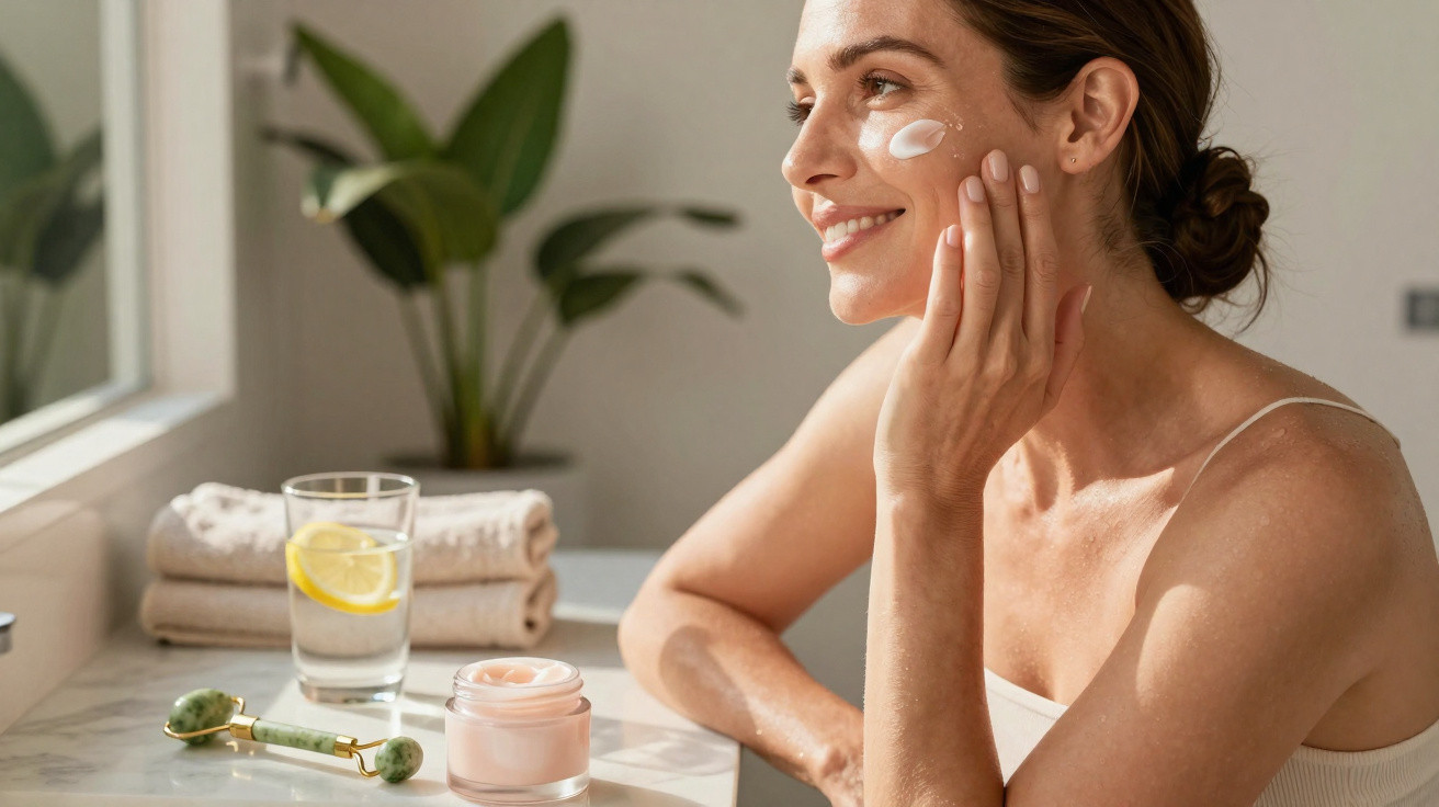 Mulher a aplicar creme facial com sorriso, sentada junto a uma mesa com copo de água, toalhas e rolo de jade.