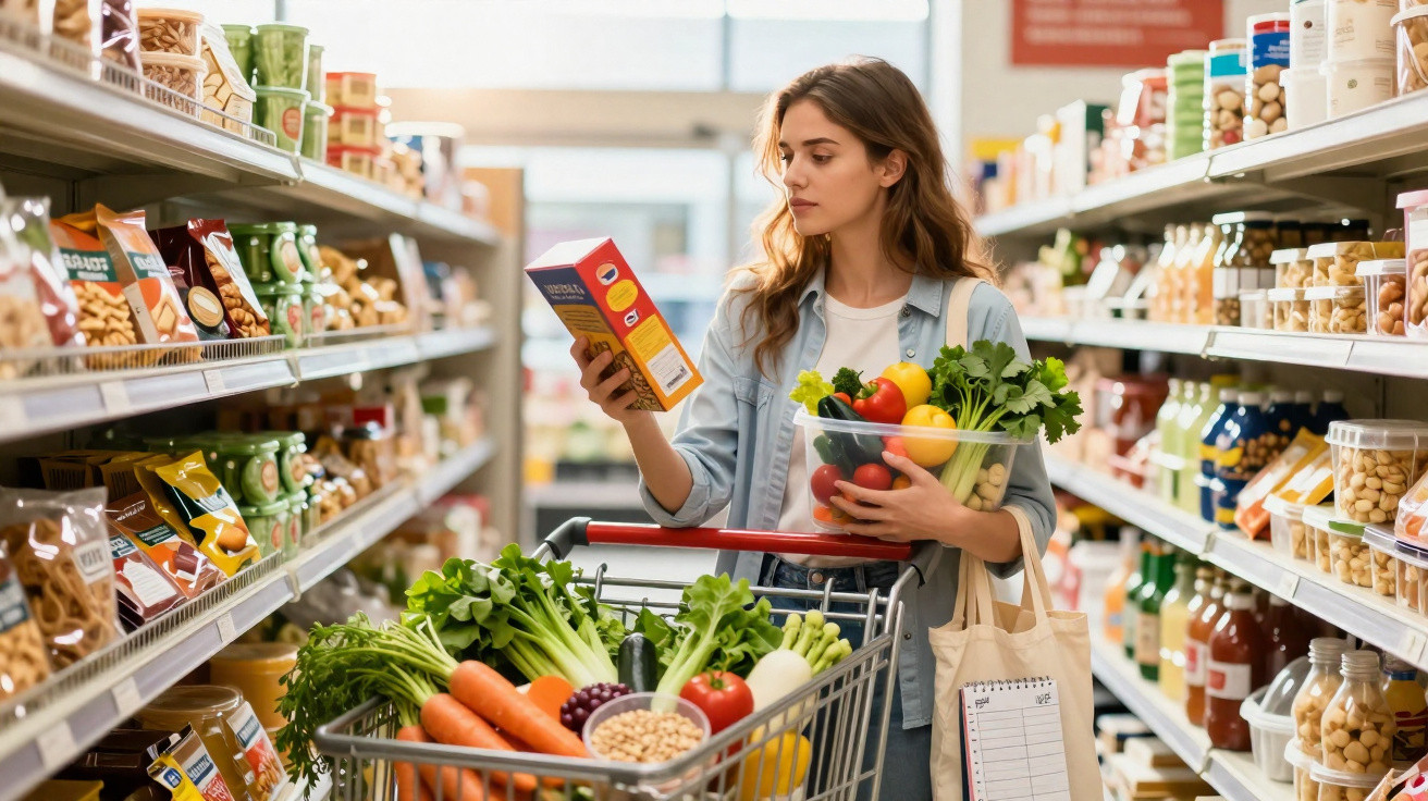 Mulher a ler embalagem de produto enquanto faz compras com carrinho cheio de legumes num supermercado.