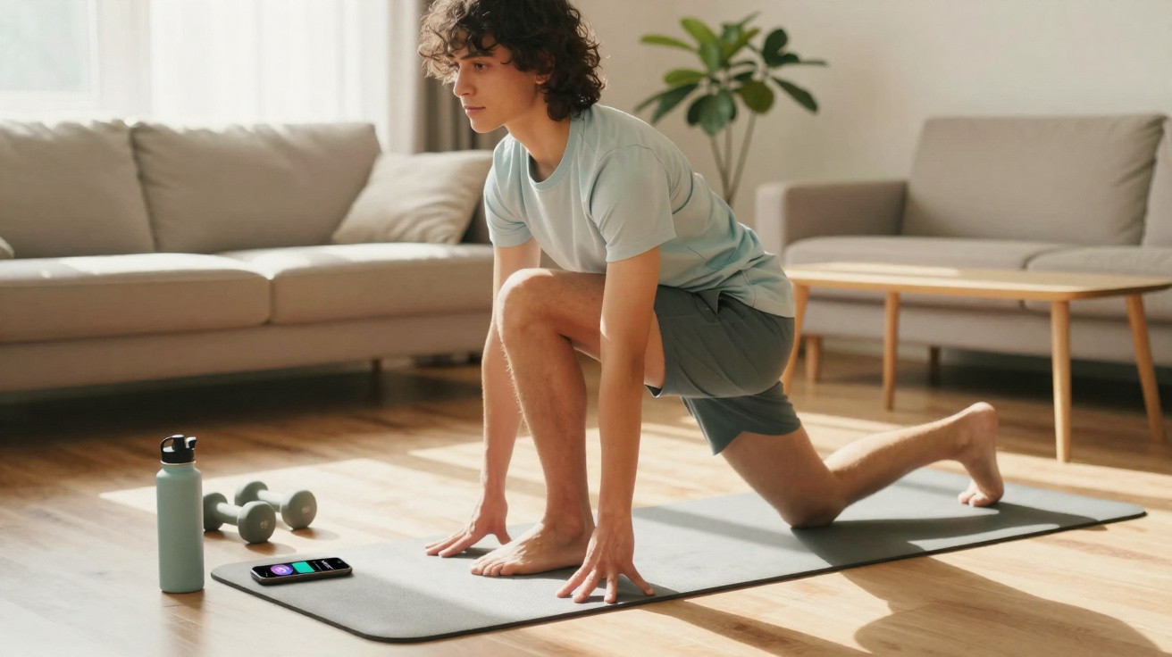 Jovem a fazer alongamentos num tapete de yoga em sala de estar, com garrafa, halteres e telemóvel próximo.
