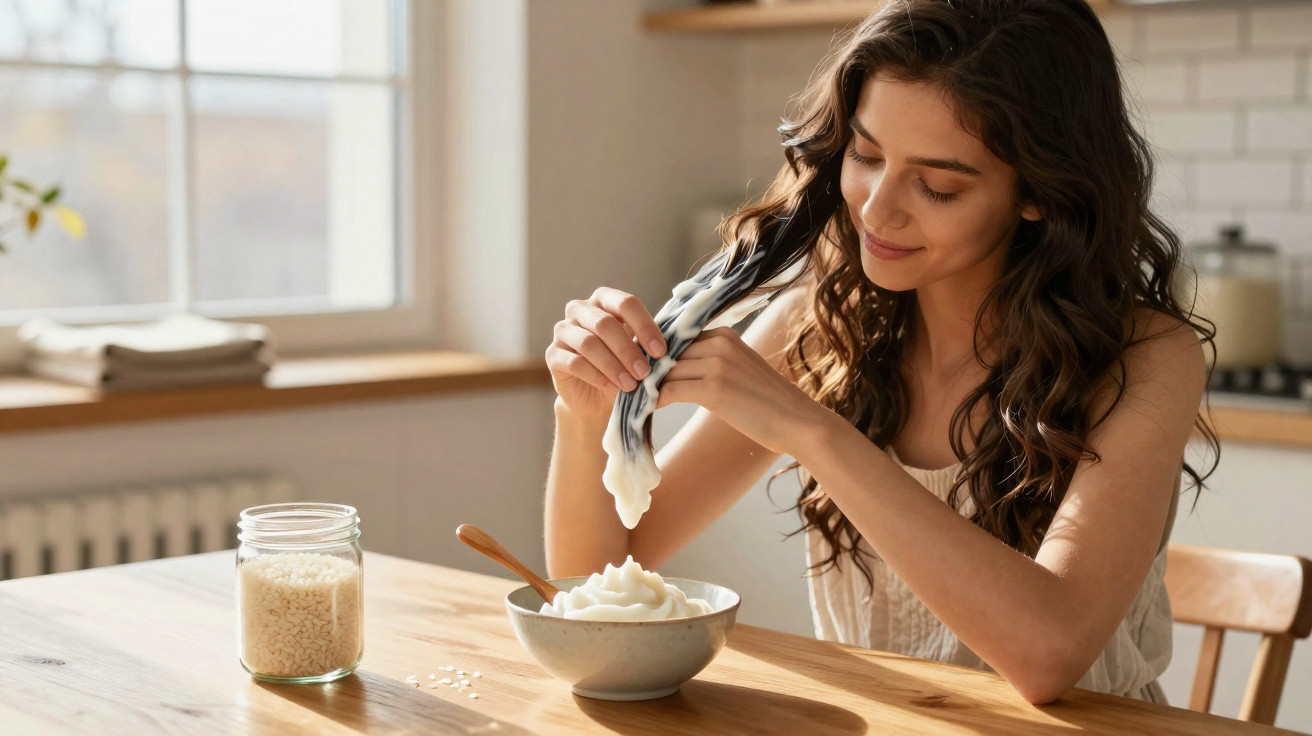 Mulher com cabelo encaracolado comprido faz máscara facial natural em casa, usando pasta branca na cozinha iluminada.