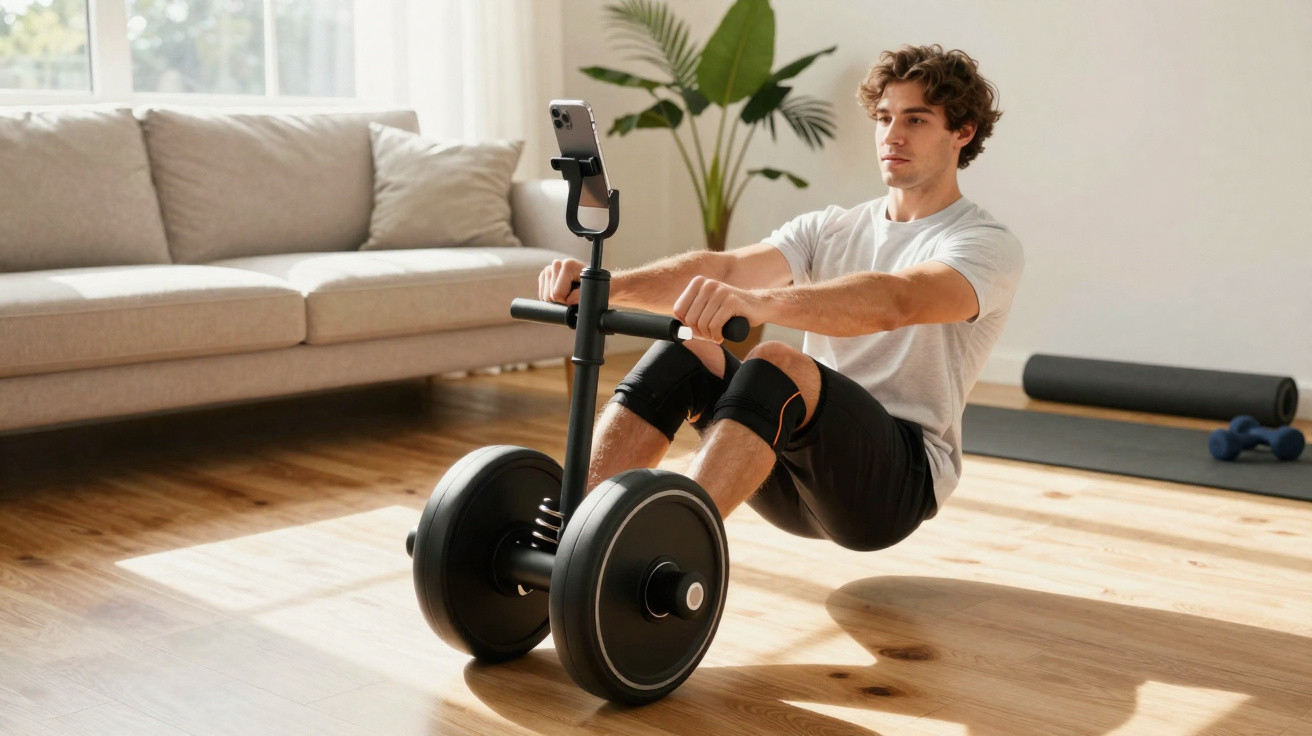 Homem a usar aparelho de exercício para remos em casa, com smartphone e ambiente iluminado.