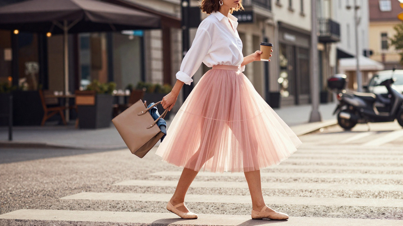 Mulher de saia rosa e camisa branca a atravessar a passadeira segurando café e mala numa rua da cidade.