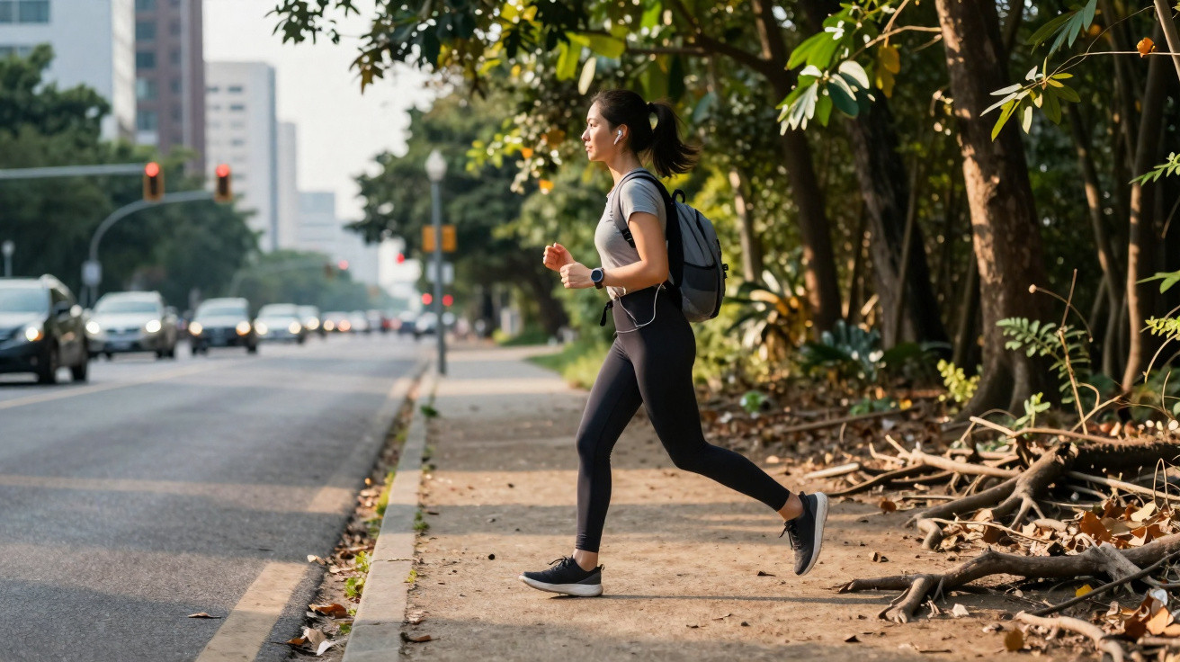 Mulher jovem a correr na calçada ao lado de uma rua com tráfego e árvores ao fundo.