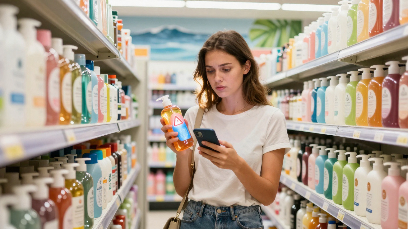 Mulher em supermercado a comparar produtos de higiene corporal enquanto usa telemóvel.