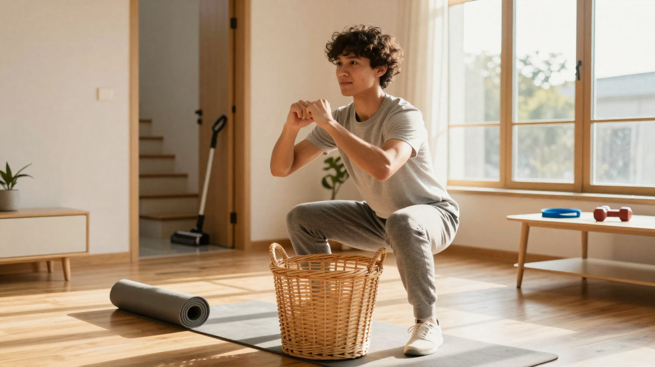 Jovem a fazer agachamentos em casa numa sala iluminada, ao lado de cesta de roupa e tapete de yoga.