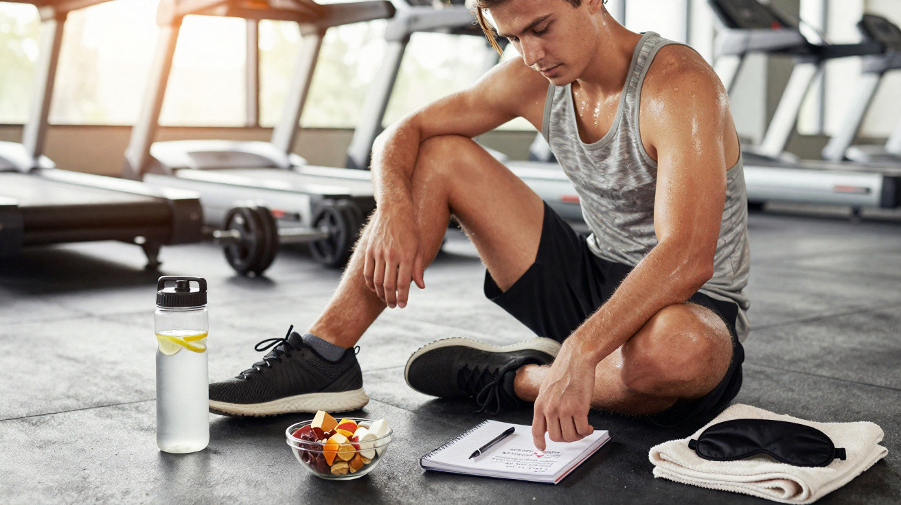 Homem sentado no chão do ginásio, a consultar caderno, com garrafa de água, snacks e máscara perto.