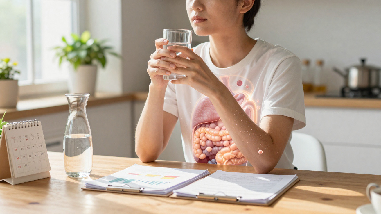 Pessoa sentada numa mesa a beber água, com ilustração dos órgãos digestivos no corpo.