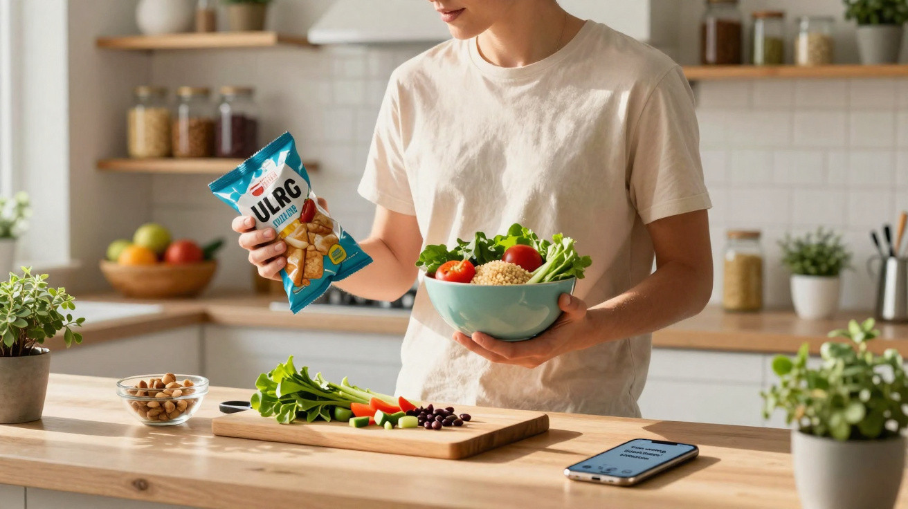 Pessoa na cozinha a preparar salada com legumes frescos e a segurar embalagem de snack saudável.