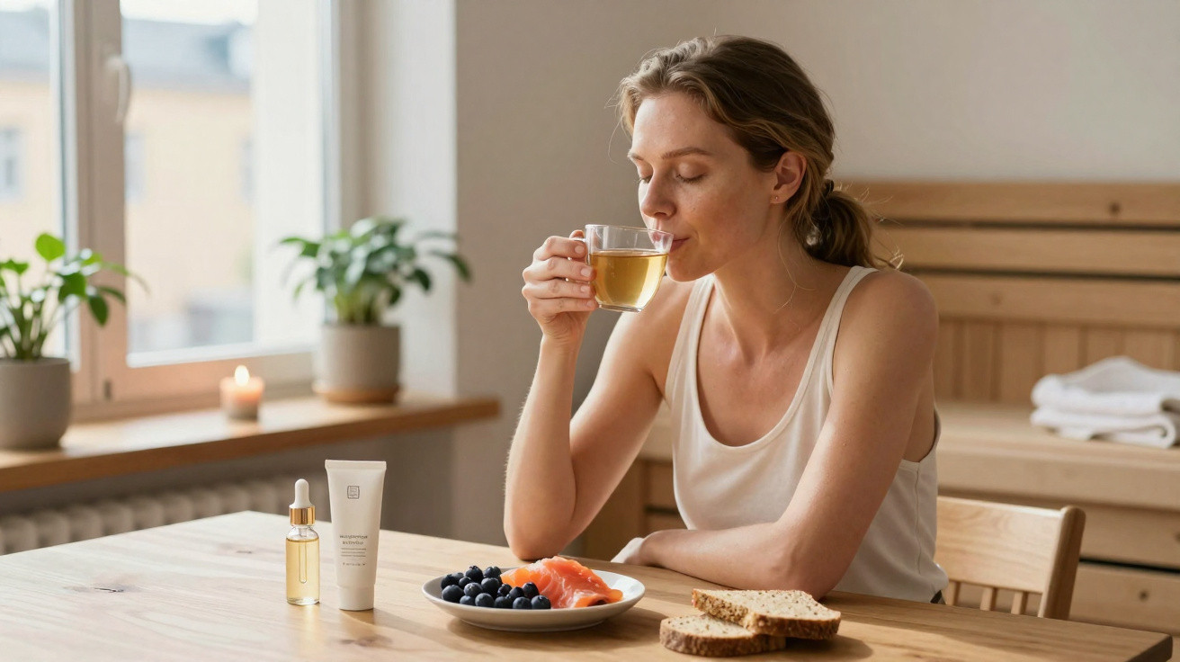 Mulher sentada à mesa a beber chá, com prato de mirtilos, salmão e pão integral à sua frente.