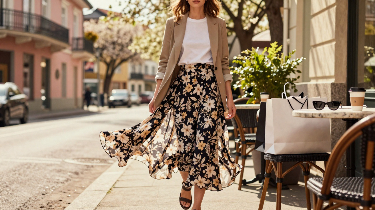 Mulher a caminhar na rua com saia floral esvoaçante, casaco bege e t-shirt branca, ao lado de mesa de café.