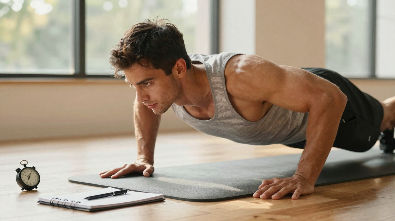 Homem a fazer flexões num tapete de exercício junto a um despertador e caderno numa sala iluminada.