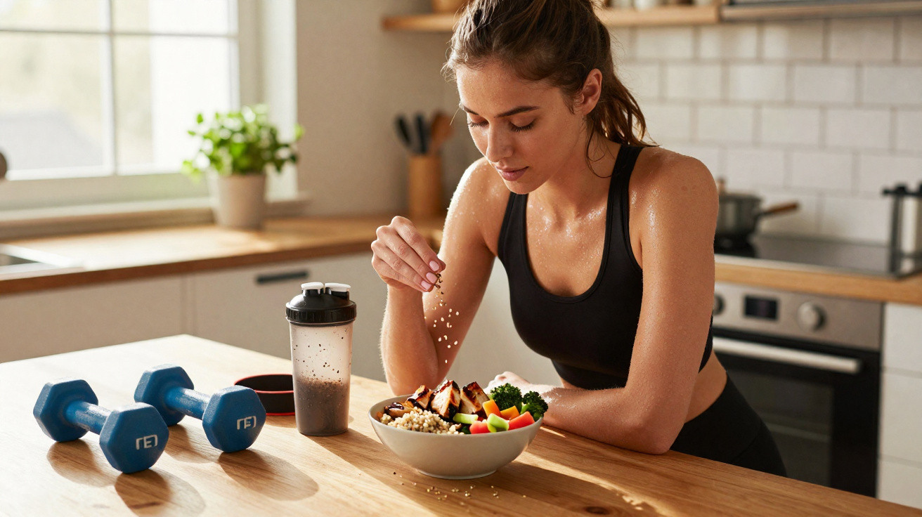 Mulher jovem a temperar uma refeição saudável com halteres e batido de proteína na cozinha.