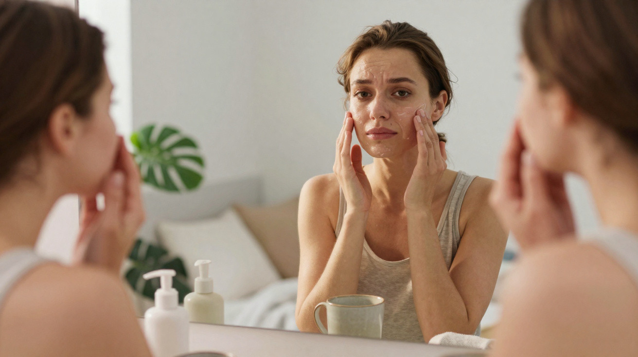 Mulher preocupada a olhar-se ao espelho enquanto toca no rosto com marcas de acne e produtos de cuidado facial na frente.