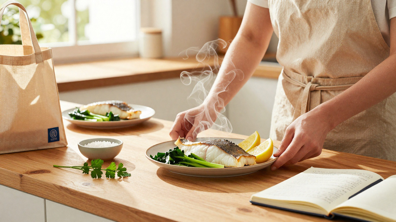Pessoa a servir prato com peixe grelhado, legumes verdes e limão, numa cozinha luminosa.