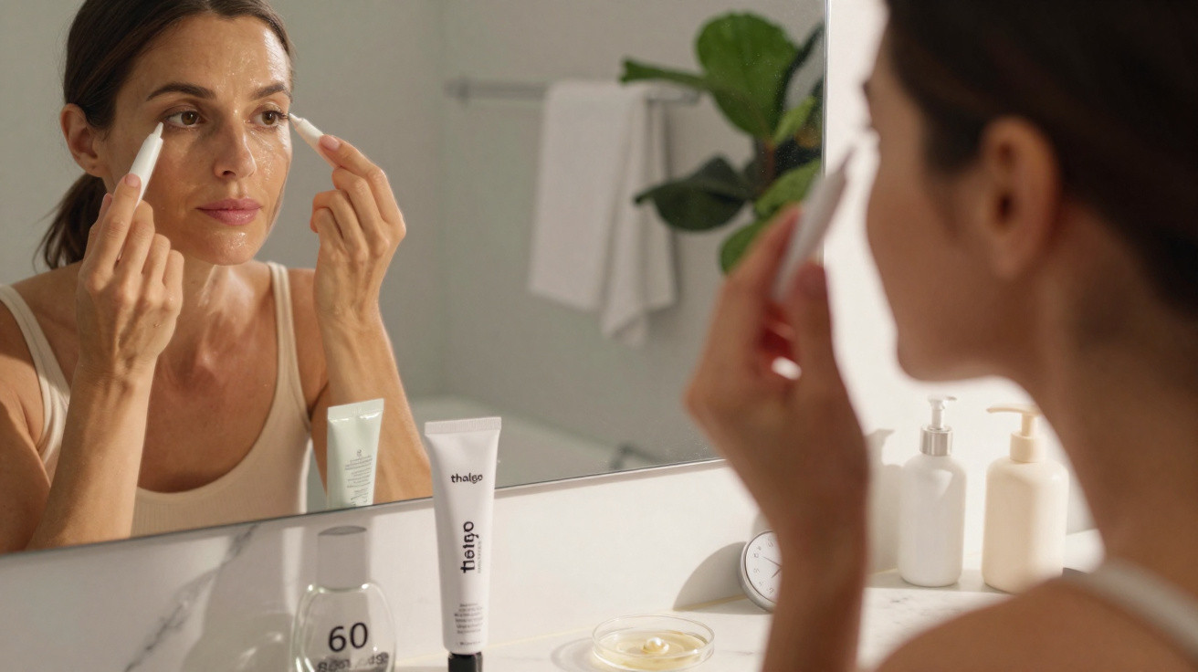 Mulher aplica creme facial perto de espelho numa casa de banho com produtos de beleza na bancada.