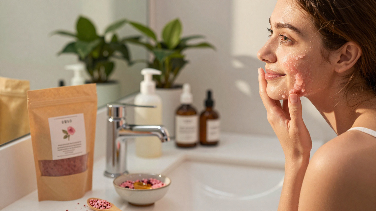 Mulher aplica máscara facial caseira no rosto junto ao lavatório com produtos de skincare e planta decorativa.