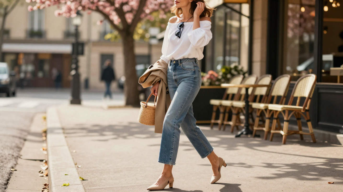 Mulher vestida com blusa branca, jeans e sapatos de salto médios caminha numa rua com árvores floridas.