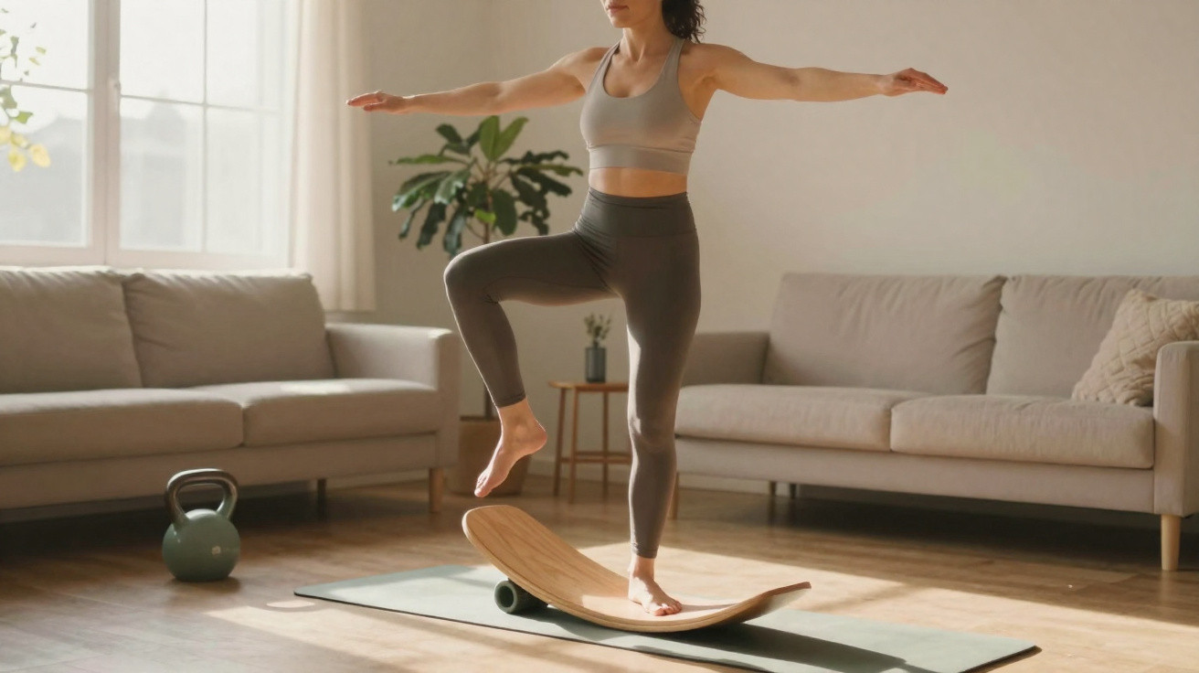 Mulher a fazer equilíbrio em prancha de treino numa sala iluminada com sofás e halter ao fundo.