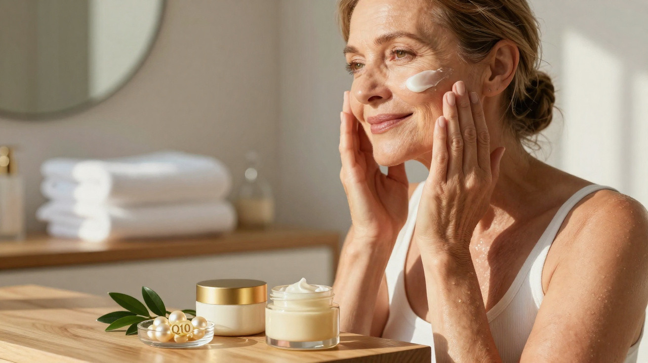 Mulher madura aplica creme facial, com frascos e cápsulas de Q10 numa mesa em ambiente luminoso.