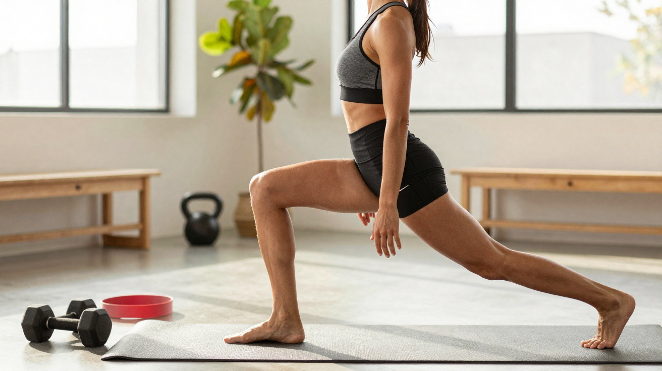 Mulher a fazer exercício de alongamento com perna avançada em tapete de yoga numa sala ampla com luz natural.