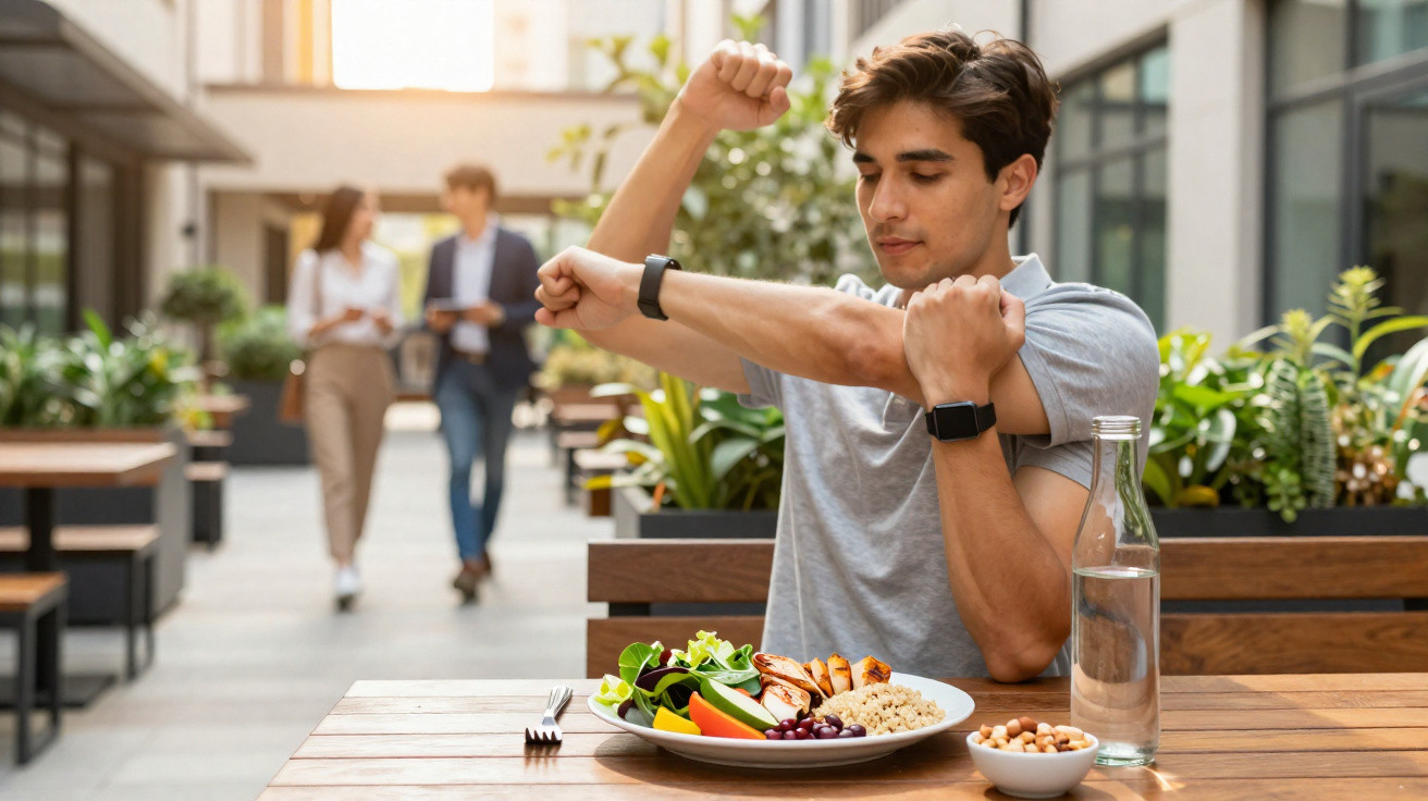 Homem estica o braço sentado numa esplanada com prato de comida saudável à sua frente.