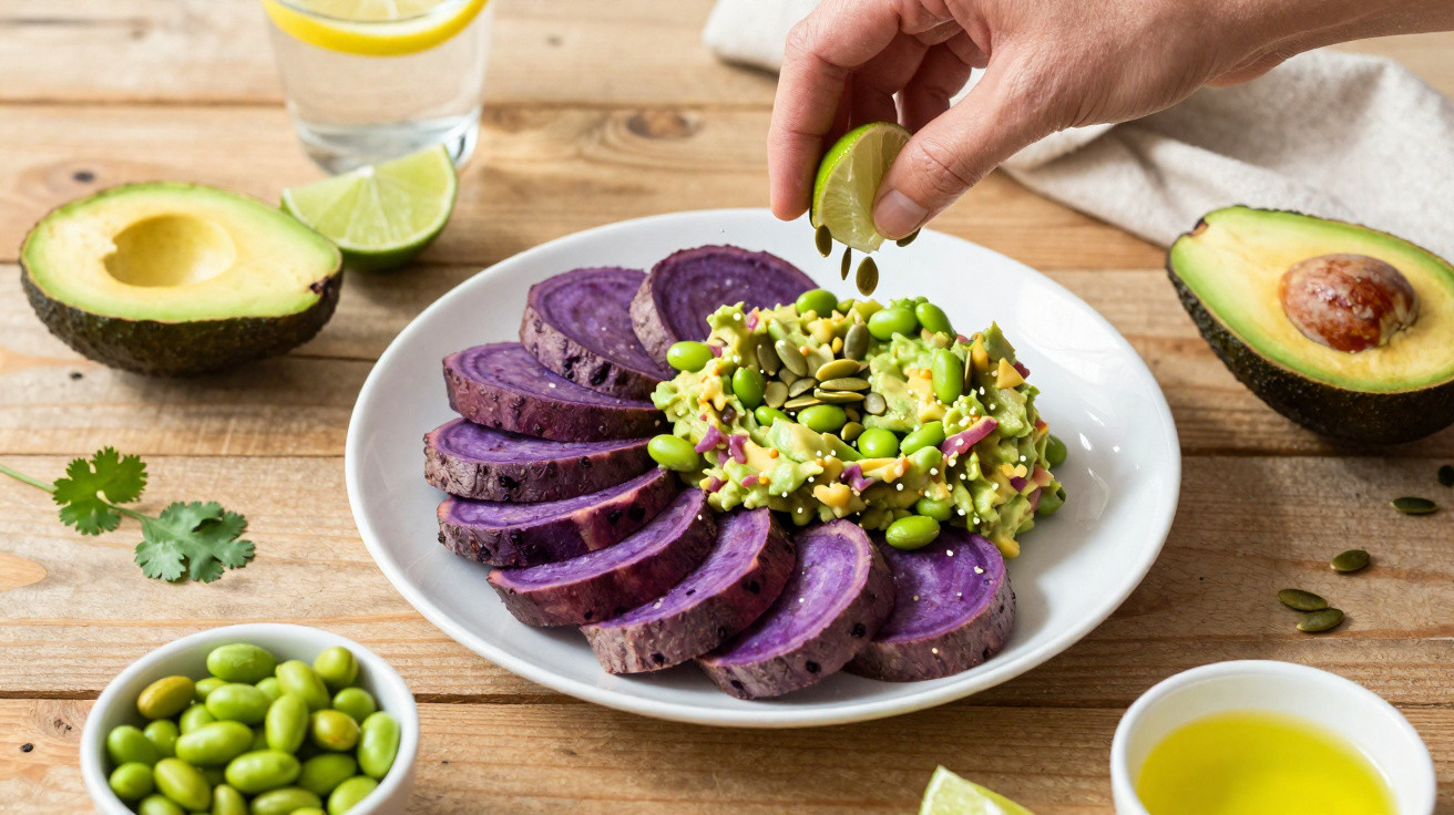 Prato com batata-doce roxa fatiada, guacamole com sementes e limão espremido sobre, abacate e edamame à volta.