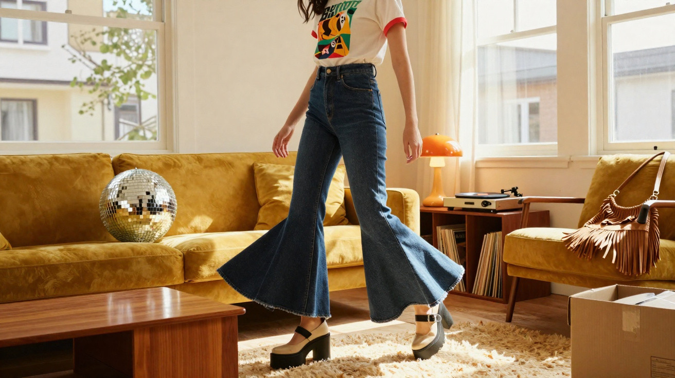 Pessoa de jeans de boca larga e sapatos plataforma a andar numa sala com sofá mostarda, disco de espelhos e móvel de madeira.
