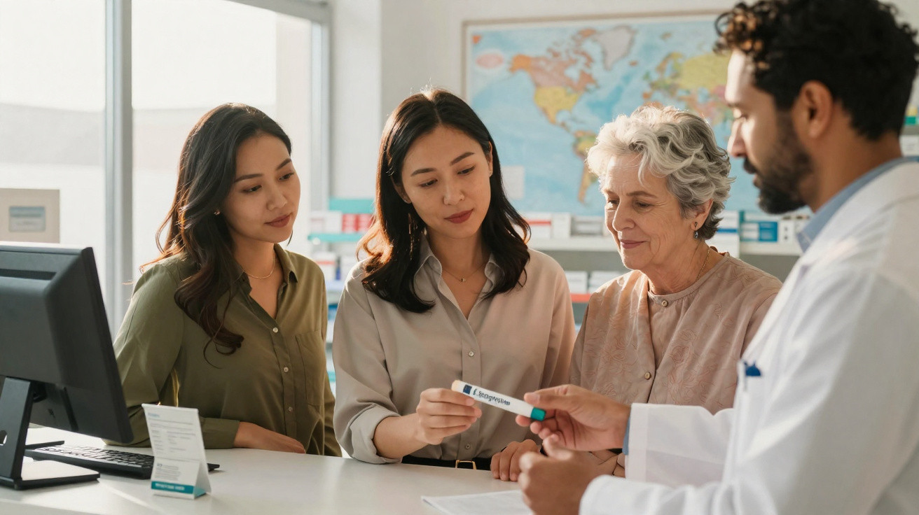 Profissional de saúde explica uso de medicamento para três mulheres numa farmácia.