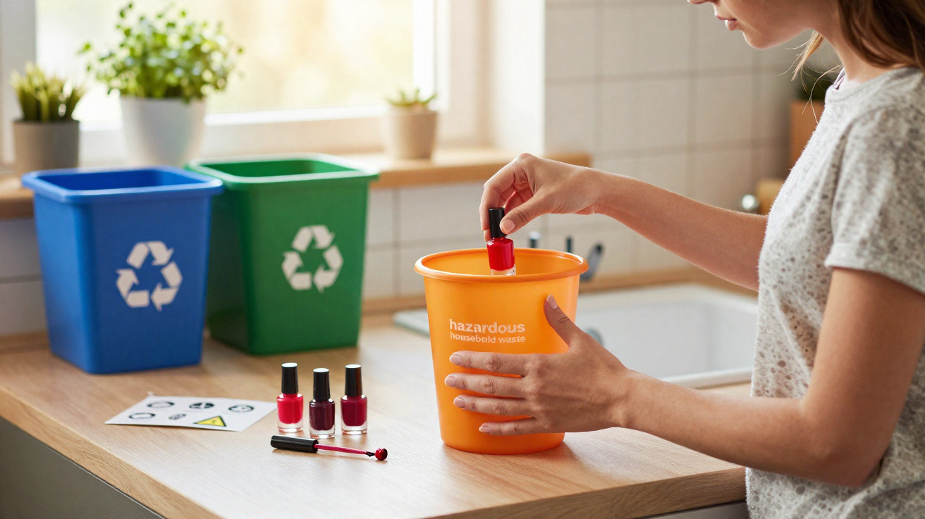 Pessoa a descartar vernizes em recipiente para resíduos perigosos, com contentores de reciclagem ao fundo na cozinha.