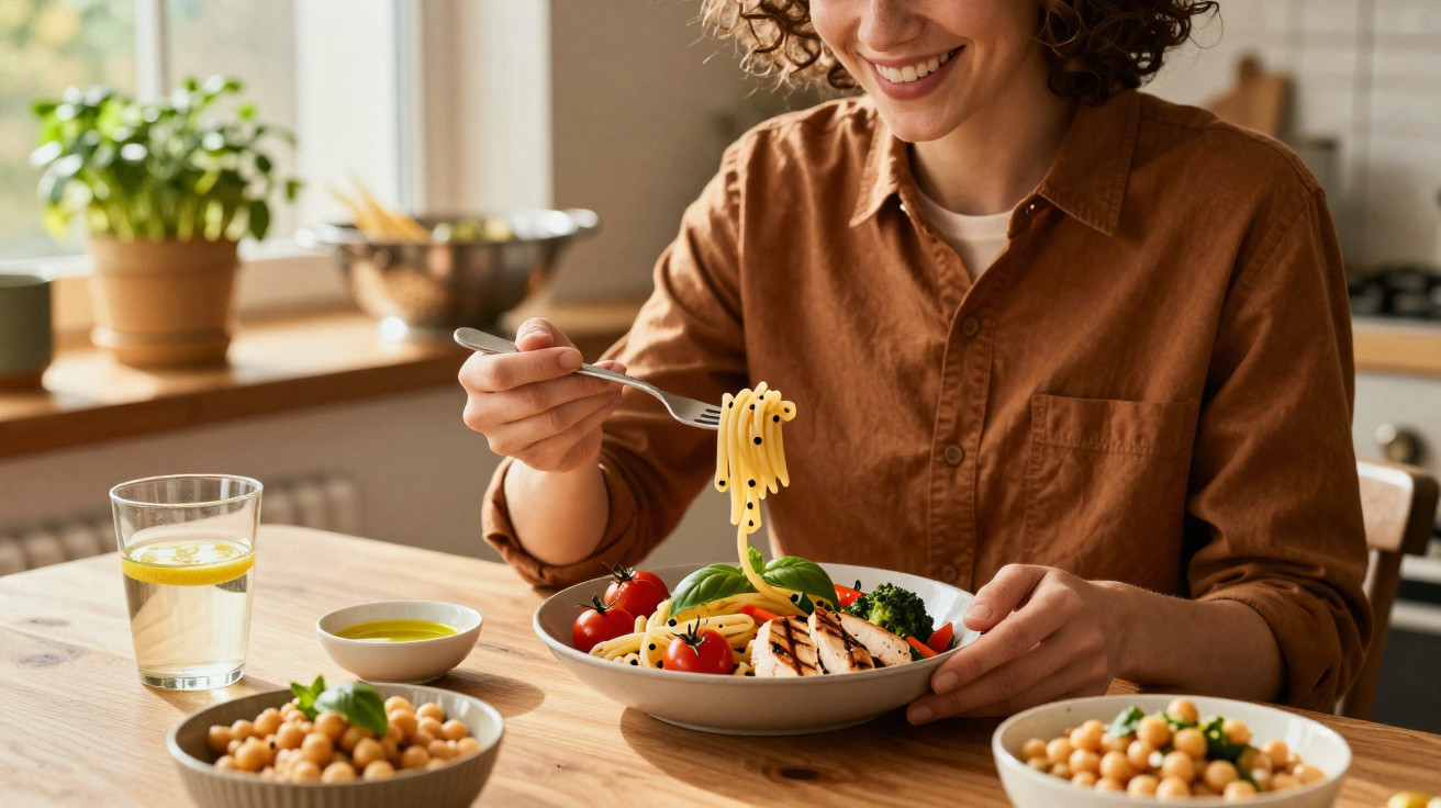 Mulher sorridente a comer massa com frango grelhado e legumes numa cozinha iluminada.