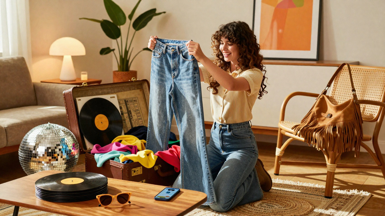 Mulher sorridente segura uns jeans enquanto faz uma mala com vinis, disco de espelhos e roupa colorida.