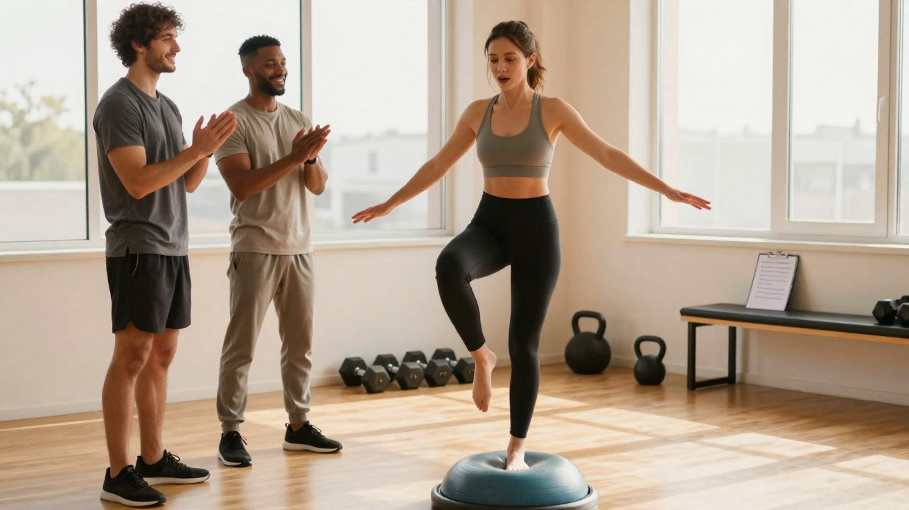 Mulher a equilibrar-se num bosu em ginásio, com dois homens a aplaudir ao lado.