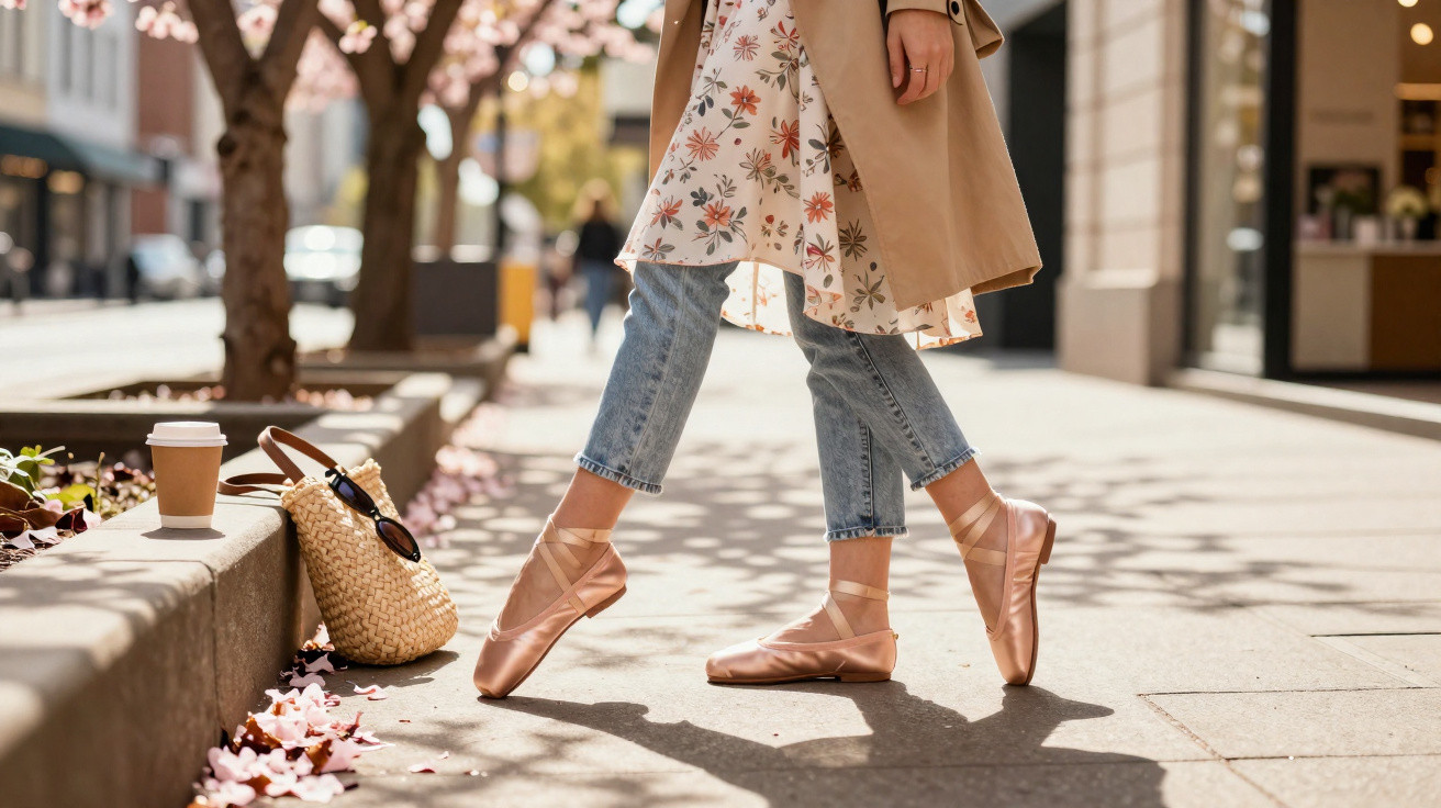 Pessoa de casaco e sapatilhas de ballet rosas caminha numa rua urbana com flores de cerejeira ao fundo.